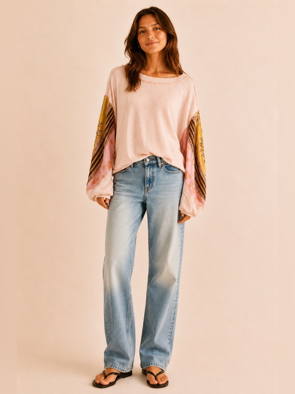 We the Free Blossom pale peachy pink thermal with patterned balloon sleeves. XS